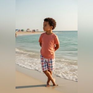 NWT- Janie and Jack Coral Pocket Tee with Plaid Shorts Set